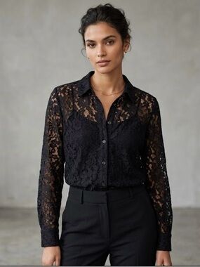 Zara Black Lace Button-Down Shirt 861